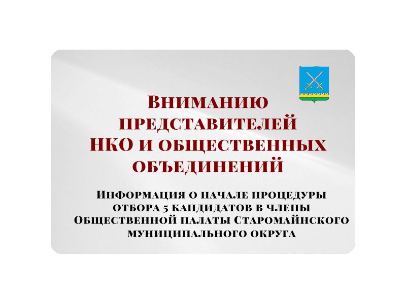 Информация о начале процедуры отбора 5 кандидатов в члены Общественной палаты Старомайнского муниципального округа от некоммерческих организаций и общественных объединений.