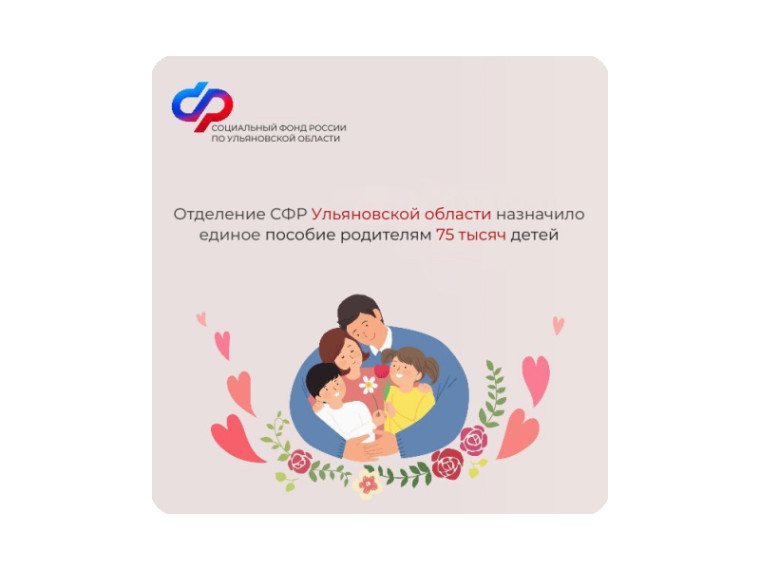 Отделение СФР по Ульяновской области назначило единое пособие родителям 75 тысяч детей. Отделение СФР по Ульяновской области назначило единое пособие родителям 75 тысяч детей.